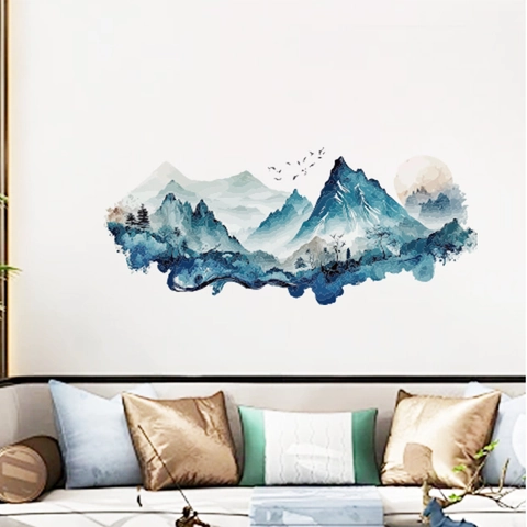 Moderne Chinese Inkt Landschap Muursticker Blauwe Bergen Vogels Maan PVC Zelfklevende Muursticker Voor Woonkamer Huis Decoratie