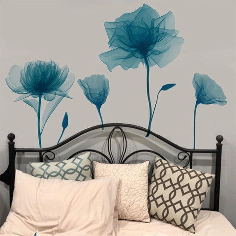 Modern Blue Translucent Flower Wall Sticker X-Ray Style PVC Self-Adhesive Floral Wall Decal For Bedroom Living Room Sofa Background Decorative Mural