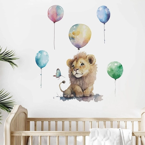 Adesivo da Parete Leone Cartone Animato Palloncini Volanti Acquerello Animale PVC Rimovibile Autoadesivo per Cameretta Bambini