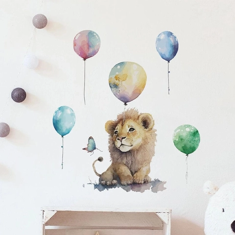 Adesivo da Parete Leone Cartone Animato Palloncini Volanti Acquerello Animale PVC Rimovibile Autoadesivo per Cameretta Bambini