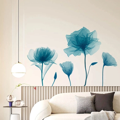 Modern Blue Translucent Flower Wall Sticker X-Ray Style PVC Self-Adhesive Floral Wall Decal For Bedroom Living Room Sofa Background Decorative Mural
