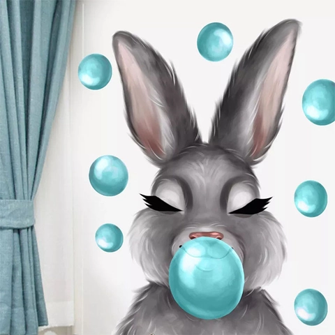 Süßer Cartoon Hase Bläst Blasen Wandaufkleber Wasserdicht PVC Abnehmbar Wandtattoo Für Wohnzimmer Schlafzimmer Kinderzimmer Deko