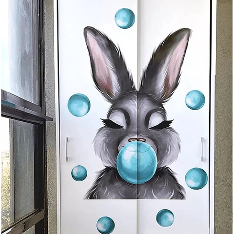 Süßer Cartoon Hase Bläst Blasen Wandaufkleber Wasserdicht PVC Abnehmbar Wandtattoo Für Wohnzimmer Schlafzimmer Kinderzimmer Deko