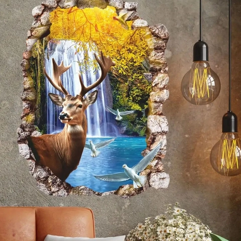 3D Broken Wall Effekt Elch Hirsch Wald Wasserfall PVC Abnehmbare Wandtattoo Modern Minimalistisch Wohnzimmer Schlafzimmer Home Dekor Wandbild