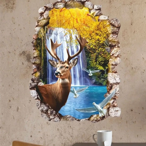 3D Broken Wall Effekt Elch Hirsch Wald Wasserfall PVC Abnehmbare Wandtattoo Modern Minimalistisch Wohnzimmer Schlafzimmer Home Dekor Wandbild
