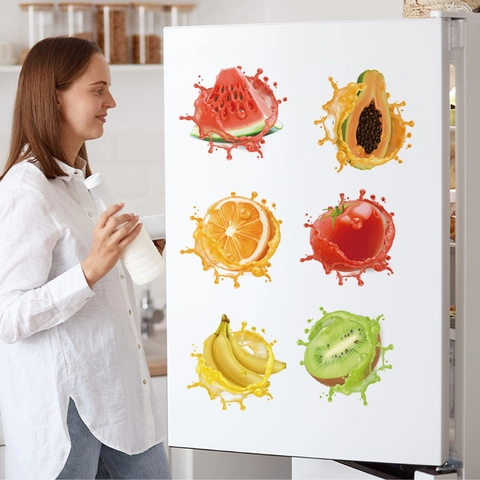 3D Fruit Splash Wall Stickers PVC Self Adhesive Kitchen Fridge Decals For Cabinet Glass Door Waterproof Fruit Wall Cling