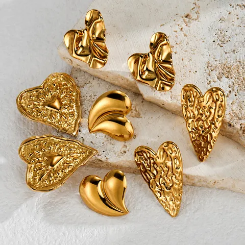 French Retro Stainless Steel Wrinkled Texture Heart Stud Earrings For Women Artistic Tassel Earrings Gold Fashion Jewelry Ring