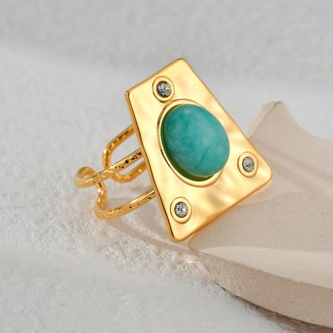Vintage French Style Gold Plated Stainless Steel Geometric Trapezoid Open Ring Hammered Texture Zirconia Earrings Set For Women