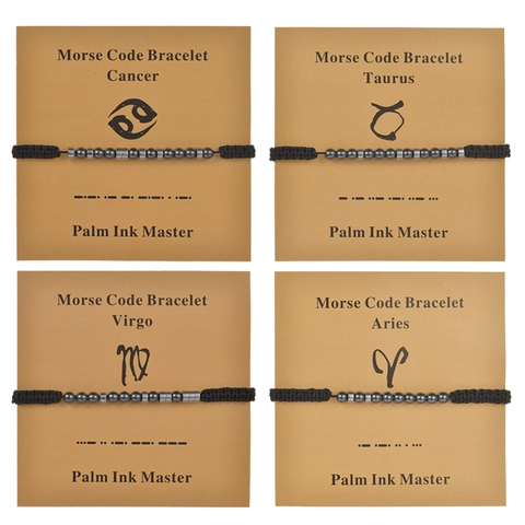 Creative Morse Code 12 Constellations Bracelet Handmade Stainless Steel Beads Obsidian Braided Rope Zodiac Jewelry Unisex Gift
