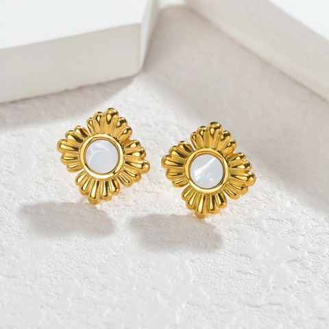 Vintage Roestvrij Staal Bloem Oorknopjes Voor Dames 18K Verguld Kunstparel Zonnebloem Straal Oorbellen Premium Sieraden
