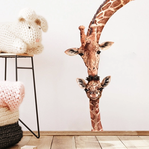 Watercolor Giraffe Mother And Child Wall Stickers PVC Warm Cartoon Animal Decals For Kids Room Nursery Home Decor