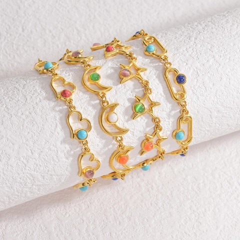 Pulsera Collar Bohemio de Oro en Acero Inoxidable para Mujer con Cuentas de Colores Corazón Luna Estrella Joyería Vintage Regalo