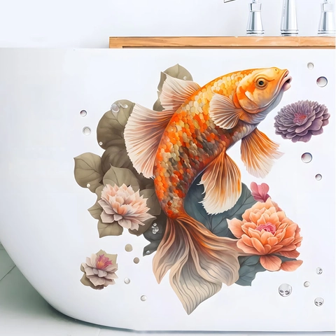Adesivi Murali 3D Carpa Koi e Fiore di Loto Impermeabili Autoadesivi in PVC per Decorazione Parete Bagno Vasca Casa
