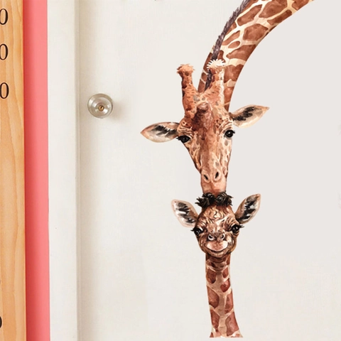 Watercolor Giraffe Mother And Child Wall Stickers PVC Warm Cartoon Animal Decals For Kids Room Nursery Home Decor