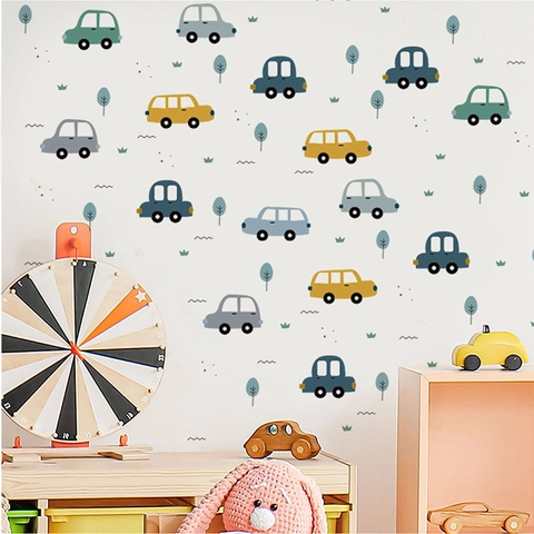 Cartoon Watercolor Car Wall Stickers DIY Nordic Vehicles Tree Grass PVC Decal For Boys Bedroom Kids Room Nursery Wall Decor