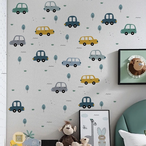 Cartoon Watercolor Car Wall Stickers DIY Nordic Vehicles Tree Grass PVC Decal For Boys Bedroom Kids Room Nursery Wall Decor