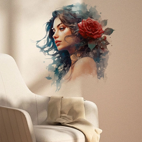 Künstlerisches Aquarell Frauenporträt Mit Roter Rose Wandaufkleber PVC Selbstklebendes Dekoratives Wandtattoo Für Wohnzimmer