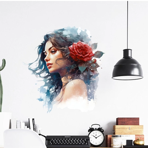 Künstlerisches Aquarell Frauenporträt Mit Roter Rose Wandaufkleber PVC Selbstklebendes Dekoratives Wandtattoo Für Wohnzimmer