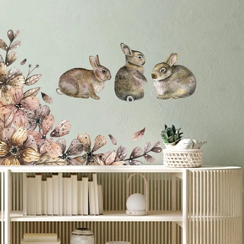 Realistic Easter Rabbit Wall Sticker Watercolor Bunny Floral PVC Self Adhesive Wall Decal For Kids Nursery Bedroom Art Decor