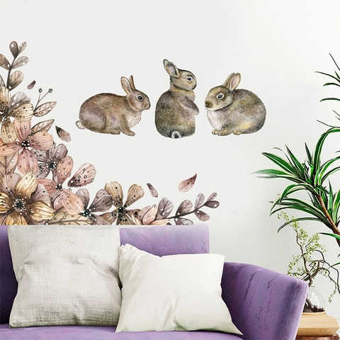 Realistic Easter Rabbit Wall Sticker Watercolor Bunny Floral PVC Self Adhesive Wall Decal For Kids Nursery Bedroom Art Decor