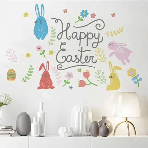 Happy Easter Bunny Egg Wall Stickers Removable PVC Decals For Living Room Bedroom Cartoon Animal Floral DIY Wall Decoration