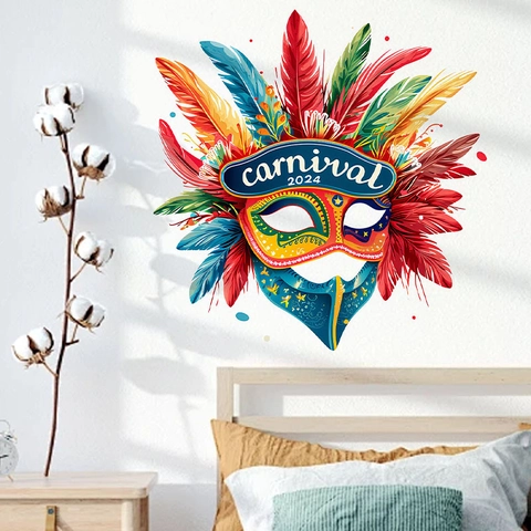Carnival Theme Colorful Feather Mask Wall Sticker PVC Waterproof Art Decal For Living Room Bedroom Home Festive Decoration
