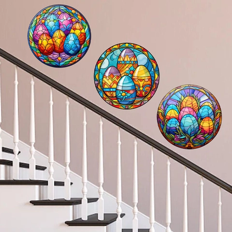 Adesivi Murali 3D Uova di Pasqua Stile Vetrata PVC Autoadesivi Per Soggiorno Ingresso Decorazione Festa Arte Murale Casa