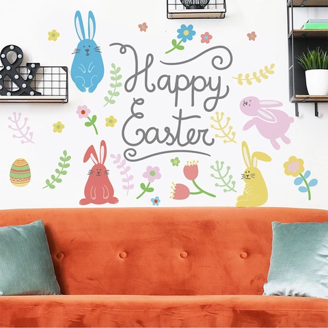 Happy Easter Bunny Egg Wall Stickers Removable PVC Decals For Living Room Bedroom Cartoon Animal Floral DIY Wall Decoration