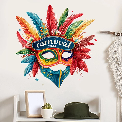 Carnival Theme Colorful Feather Mask Wall Sticker PVC Waterproof Art Decal For Living Room Bedroom Home Festive Decoration