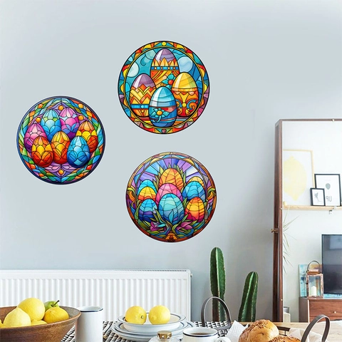 Adesivi Murali 3D Uova di Pasqua Stile Vetrata PVC Autoadesivi Per Soggiorno Ingresso Decorazione Festa Arte Murale Casa