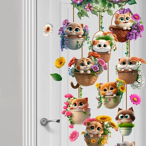 Simpatici Adesivi Murali a Forma di Gatto e Fiori in PVC Autoadesivi Fai-da-te per Camera dei Bambini Soggiorno Casa