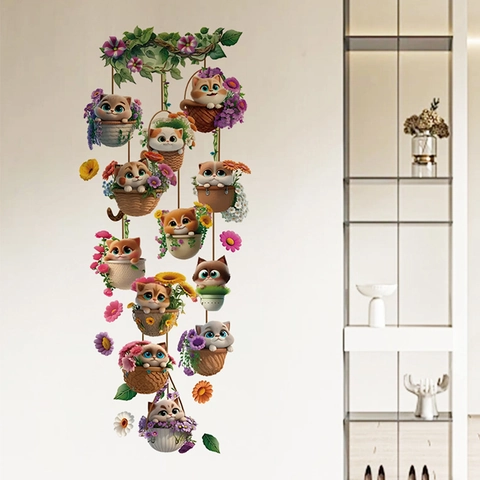 Simpatici Adesivi Murali a Forma di Gatto e Fiori in PVC Autoadesivi Fai-da-te per Camera dei Bambini Soggiorno Casa