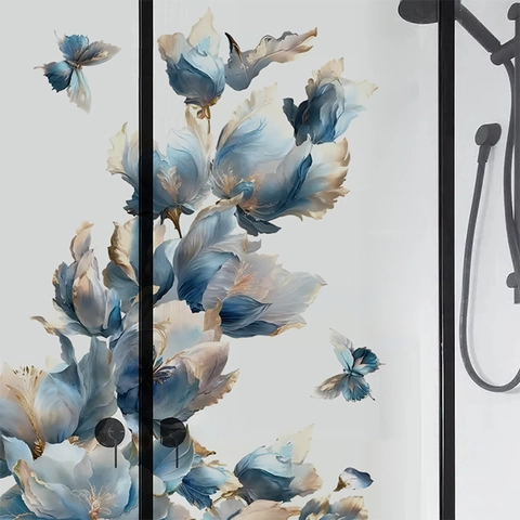 Pegatinas de Pared Florales Azul Índigo Borde Dorado PVC Impermeable Flor Mariposa Calcomanías de Arte para Sala de Estar Dormitorio Decoración de Puerta de Vidrio
