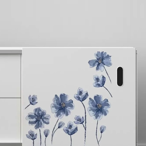 Aquarell Blaue Blume Wandtattoo Chinesische Tuschmalerei Stil Florale Wandaufkleber Für Wohnzimmer Schlafzimmer Schrank Deko