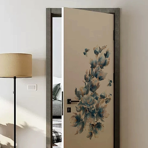 Pegatinas de Pared Florales Azul Índigo Borde Dorado PVC Impermeable Flor Mariposa Calcomanías de Arte para Sala de Estar Dormitorio Decoración de Puerta de Vidrio