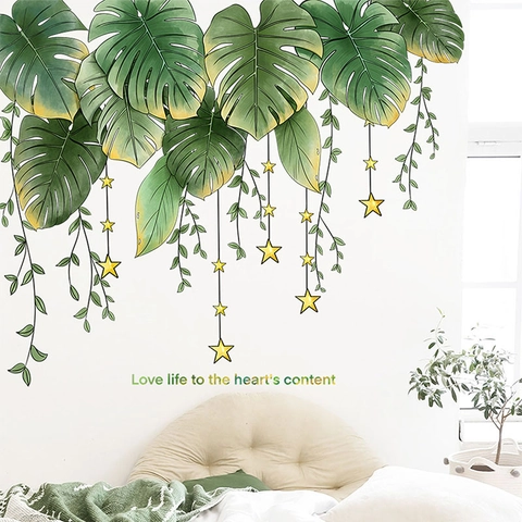 Nordic Tropical Monstera Leaves Wall Sticker Green Plant Vine Star PVC Removable Wall Decal For Living Room Bedroom Decor