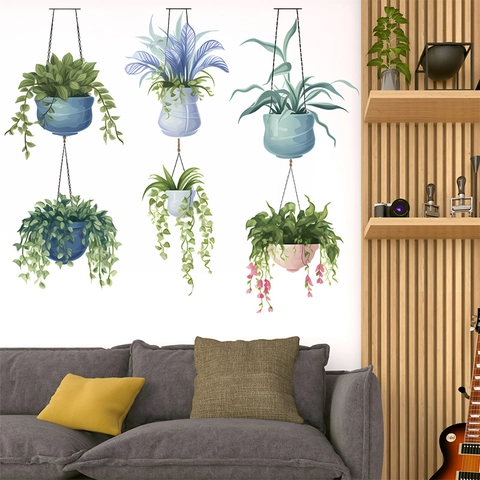 Nordic Style Hanging Potted Green Plants Wall Stickers PVC Self Adhesive Decals For Living Room Bedroom Office Home Decoration