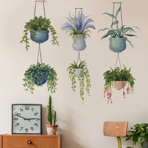Nordic Style Hanging Potted Green Plants Wall Stickers PVC Self Adhesive Decals For Living Room Bedroom Office Home Decoration