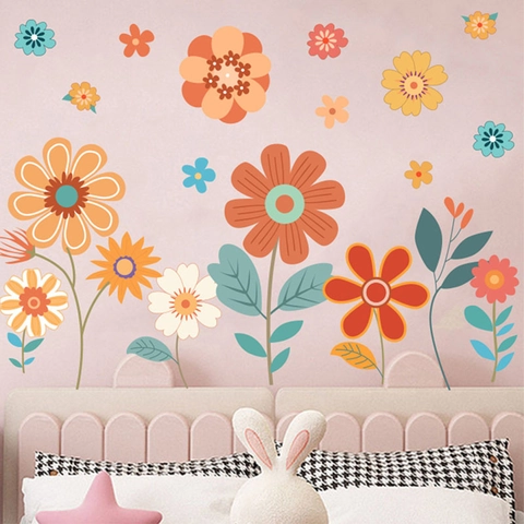 Boho Blumen Wandaufkleber Für Kinderzimmer Schlafzimmer Dekor Selbstklebende PVC Blumen Wandtattoos Retro Handgezeichnete Aufkleber