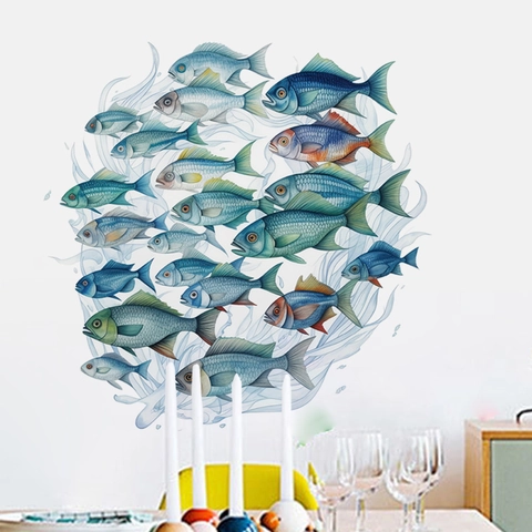 Pegatinas de Pared de Banco de Peces Artísticas Coloridas Océano PVC Calcomanías para Habitación Infantil Baño Decoración DIY