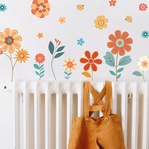 Boho Blumen Wandaufkleber Für Kinderzimmer Schlafzimmer Dekor Selbstklebende PVC Blumen Wandtattoos Retro Handgezeichnete Aufkleber