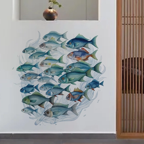 Pegatinas de Pared de Banco de Peces Artísticas Coloridas Océano PVC Calcomanías para Habitación Infantil Baño Decoración DIY