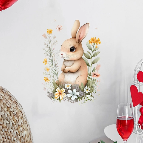 Easter Rabbit Watercolor Floral Wall Sticker Removable PVC Self-Adhesive Wall Decal For Kids Room Living Room Home Decor