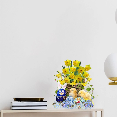 Adesivi Murali di Pasqua Cesto di Narcisi Pulcino Coniglietto Uova PVC Removibile per Soggiorno Camera da Letto Decorazione