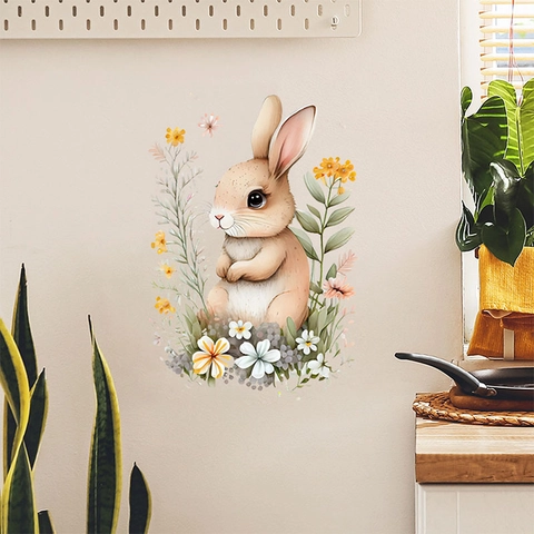 Easter Rabbit Watercolor Floral Wall Sticker Removable PVC Self-Adhesive Wall Decal For Kids Room Living Room Home Decor
