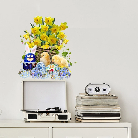 Adesivi Murali di Pasqua Cesto di Narcisi Pulcino Coniglietto Uova PVC Removibile per Soggiorno Camera da Letto Decorazione