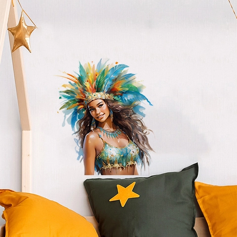 Abnehmbarer PVC Aquarell Stammes Frau Wandaufkleber Mit Bunter Feder Kopfschmuck Bohemien Porträt Aufkleber Für Wohnzimmer