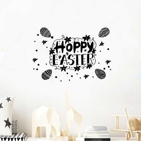Sticker Mural Hoppy Easter Noir PVC Amovible DIY Autocollant Avec Œufs Fleurs Pour Salon Chambre Décoration Maison