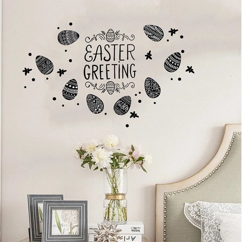Pegatina de Pared Saludo de Pascua PVC Removible Negro Huevo de Pascua Calcomanía Para Sala Dormitorio Moderno Minimalista Hogar