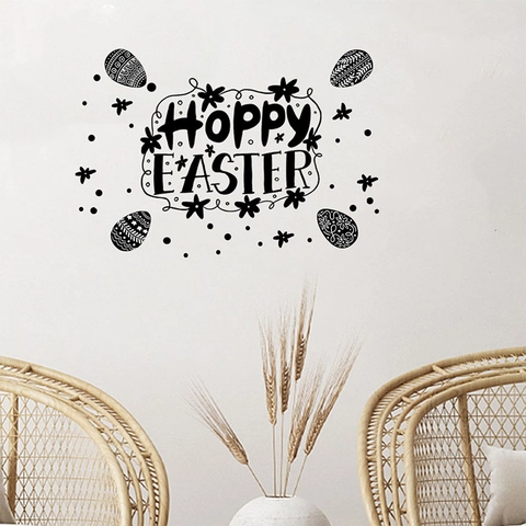 Sticker Mural Hoppy Easter Noir PVC Amovible DIY Autocollant Avec Œufs Fleurs Pour Salon Chambre Décoration Maison